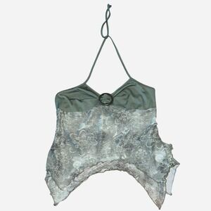 Romwe Womens Large Halter Top Sage Green Paisley Mesh Handkerchief Hem O-Ring